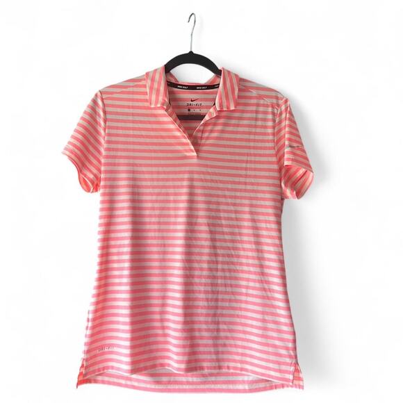 Nike Tops - Pink and white striped Nike Dri Fit Golf Polo Shirt Pickleball tennis Medium‎